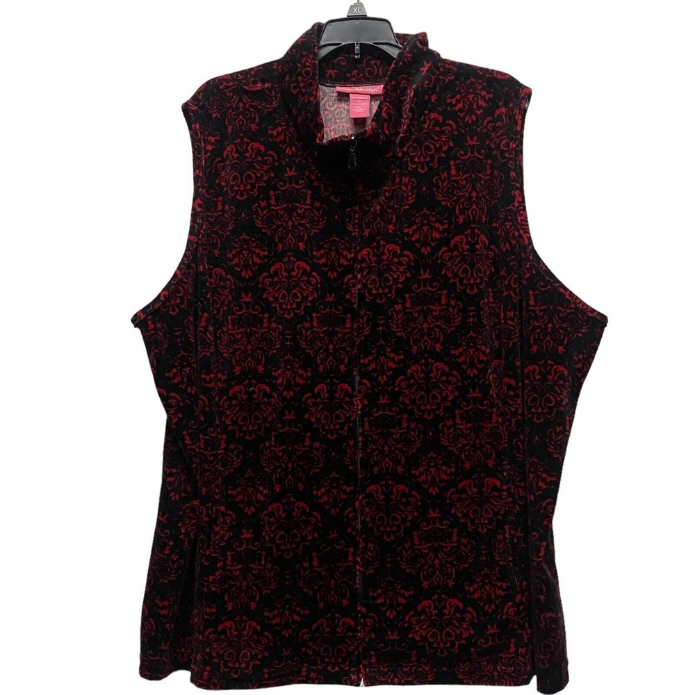 Woman Within Vest Women Size 2X Red Black Paisley Pockets Full Zip Sleeveless‎